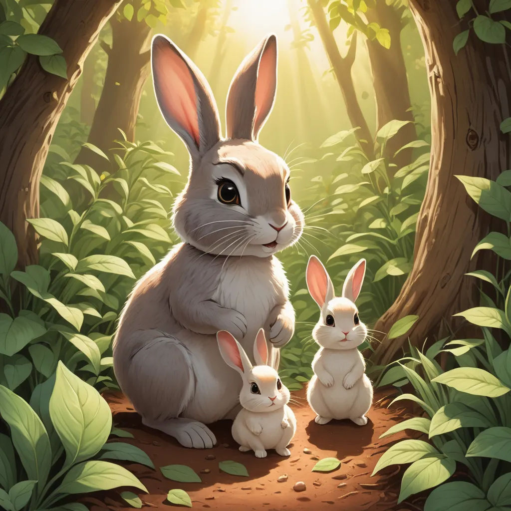 a rabbit and two rabbits sitting in the woods together, with the sun shining through the trees behind them, altermodern, a storybook illustration, Chris LaBrooy, rossdraws global illumination