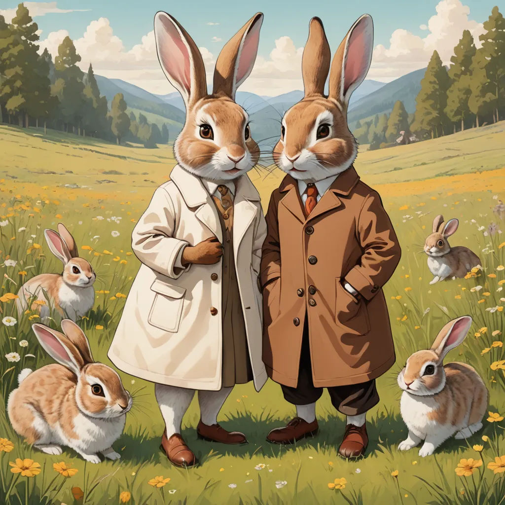 a couple of rabbits standing next to each other on a field of grass and flowers with a man in a trench coat, furry art, an oil painting, Chris LaBrooy, josan gonzales and dan mumford