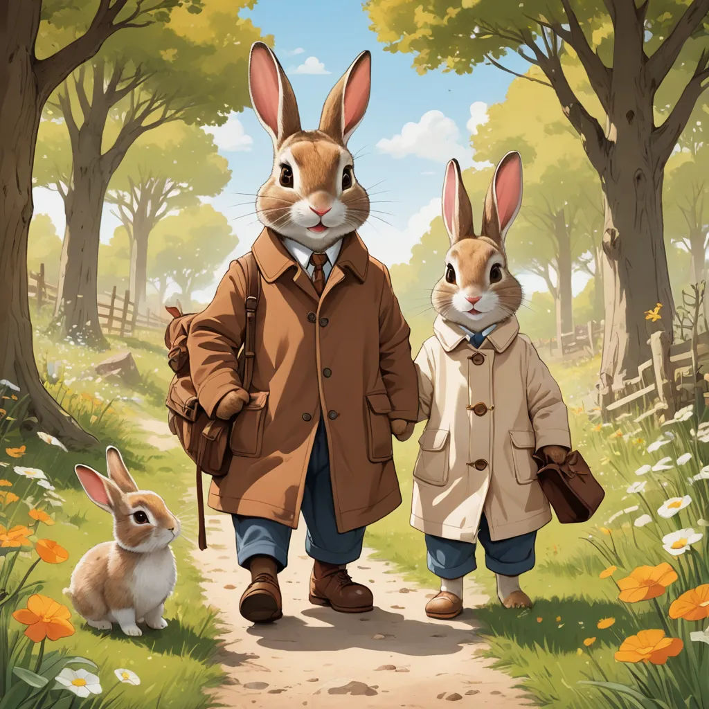 a couple of rabbits walking down a path next to a forest filled with trees and flowers, with a man in a brown coat and a woman in a white coat, furry art, poster art, Brothers Hildebrandt, official art