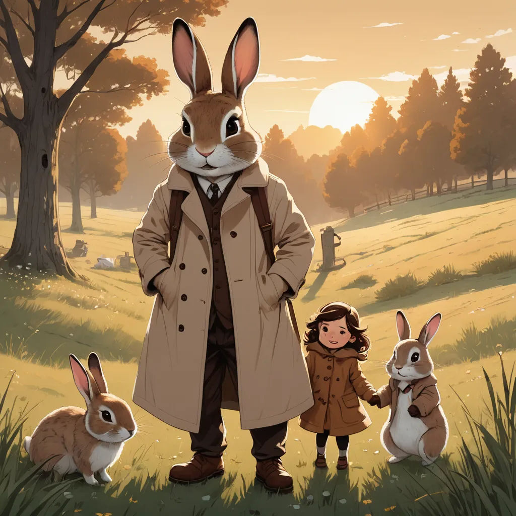 a man in a trench coat standing next to two rabbits in a field with trees and grass in the background, furry art, a storybook illustration, Colin Middleton, official art