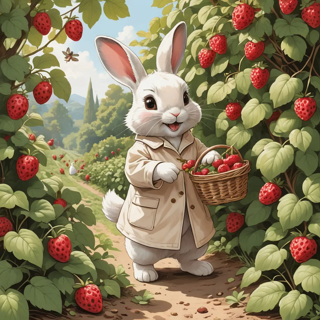 a painting of a rabbit holding a basket of strawberries in a strawberry field with a forest of trees, furry art, a storybook illustration, Chris LaBrooy, official art