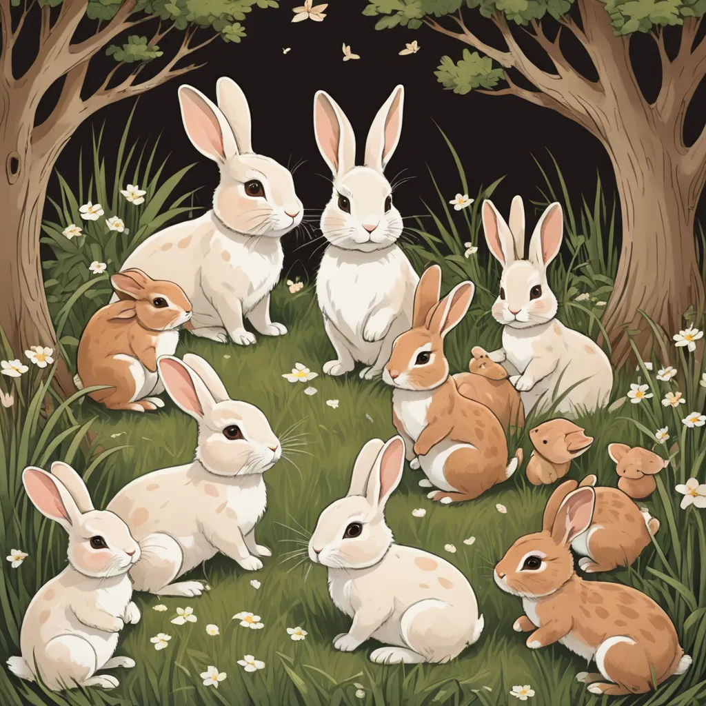 a group of rabbits sitting in the grass near trees and flowers in a forest with white daisies and butterflies, furry art, a storybook illustration, Beatrix Potter, furaffinity