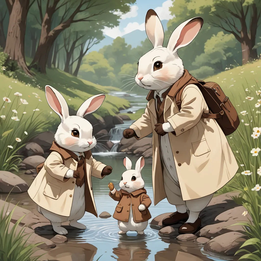 a man and two rabbits are standing in the water near a stream and trees, and one of them is holding a hand, furry art, a storybook illustration, Chris LaBrooy, official art