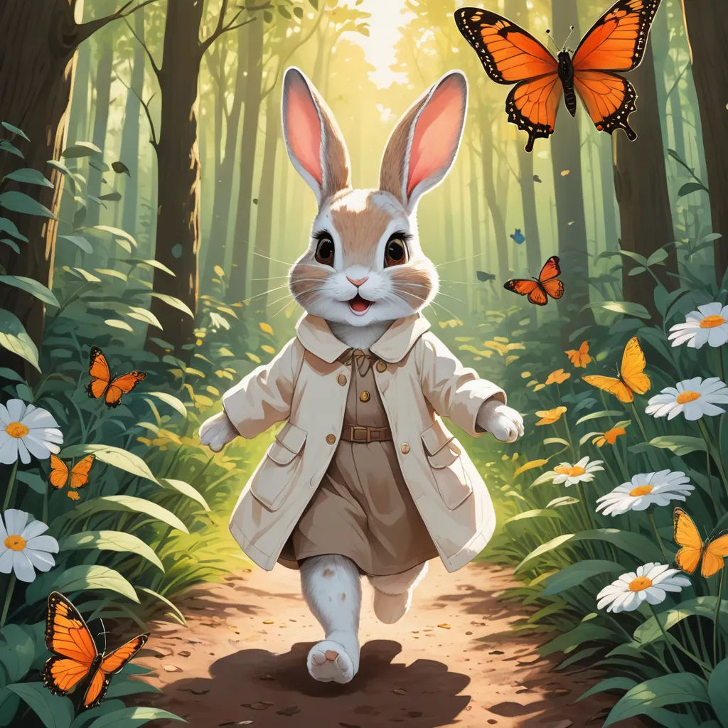 a rabbit in a trench coat walking through a forest with butterflies on the ground and a butterfly on the ground, furry art, a storybook illustration, Beatrix Potter, official art