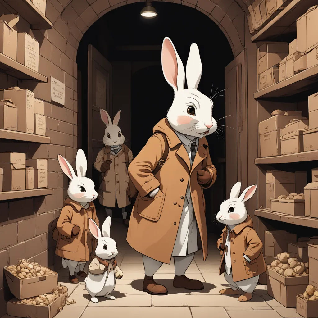 a group of rabbits standing in a room with a man in a trench coat and three other rabbits in a suit, furry art, a storybook illustration, Aaron Jasinski, official art