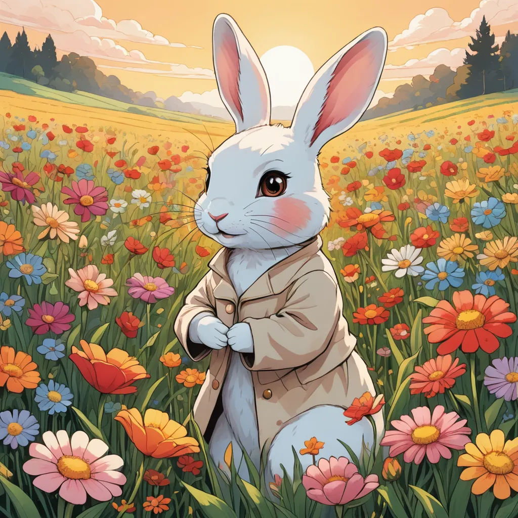 a rabbit in a field of flowers with a coat on it's back and a sunset in the background, furry art, a fine art painting, Beatrix Potter, official art