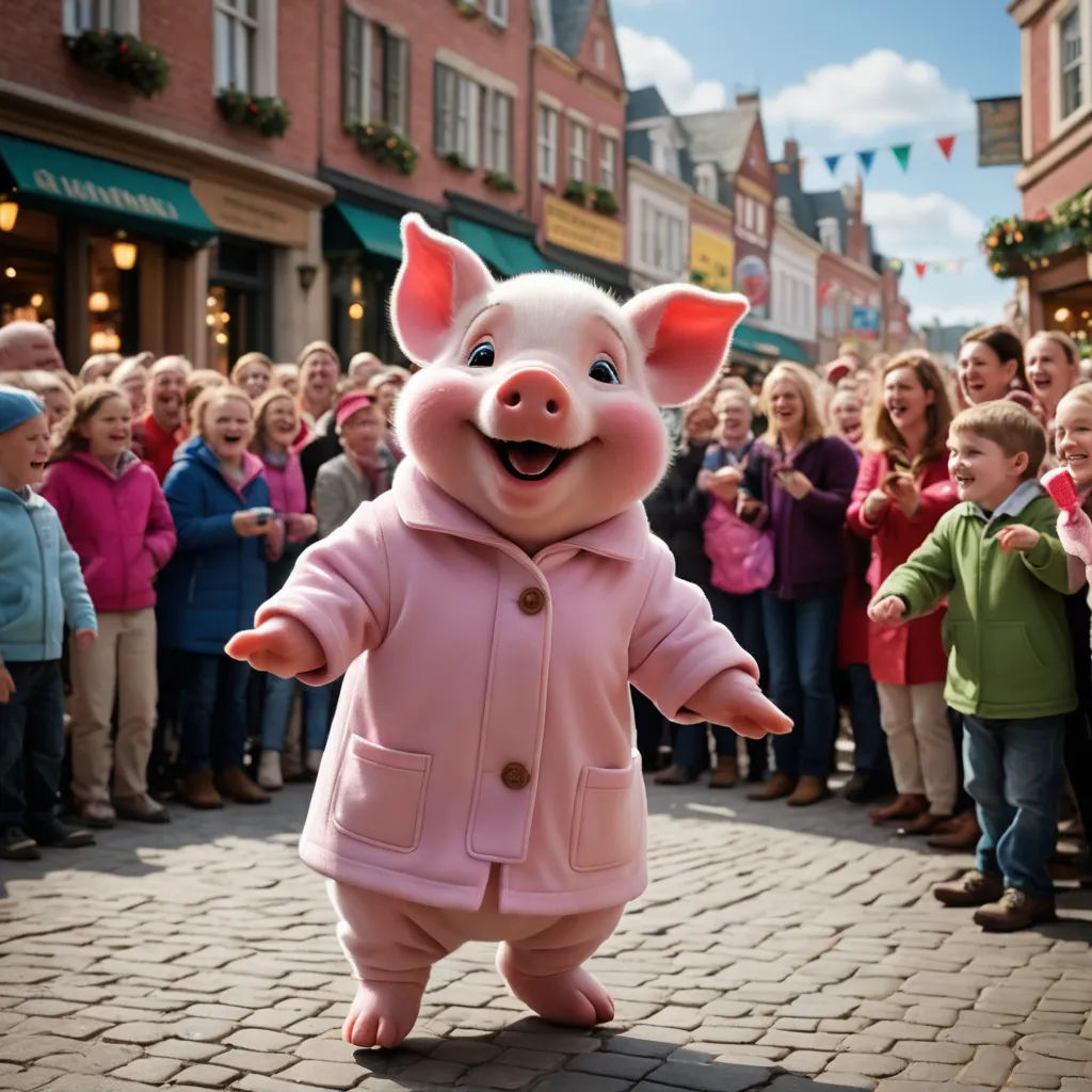 a pig mascot standing in front of a crowd of people on a brick road with a pig in a pink coat, regionalism, a flemish Baroque, disney, promotional image