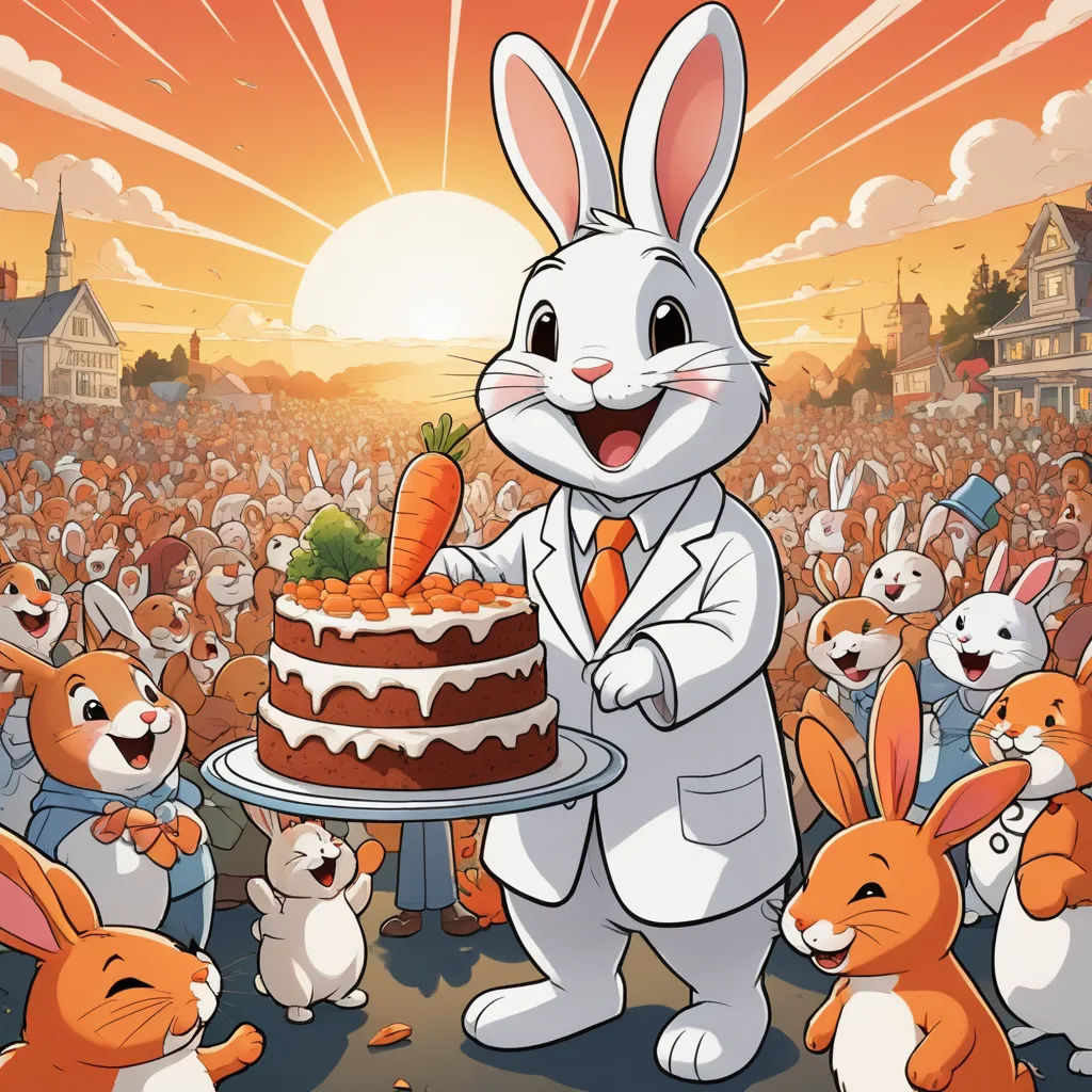 a cartoon rabbit holding a carrot cake in front of a crowd of rabbits in a town square with a sunset, furry art, a storybook illustration, Beatrix Potter, promotional image