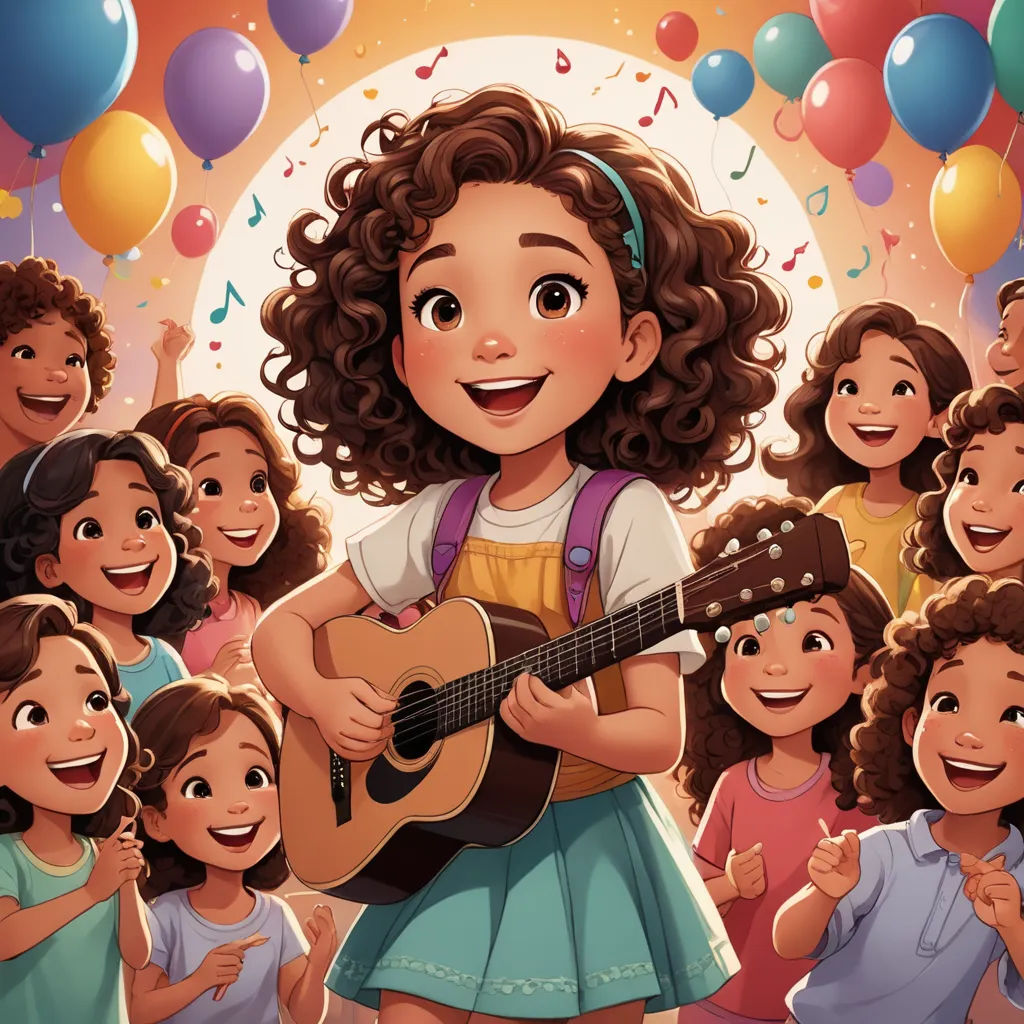 a girl with a guitar surrounded by children with balloons and balloons in the background, and a birthday card, sots art, a storybook illustration, Alejandro Burdisio, official art