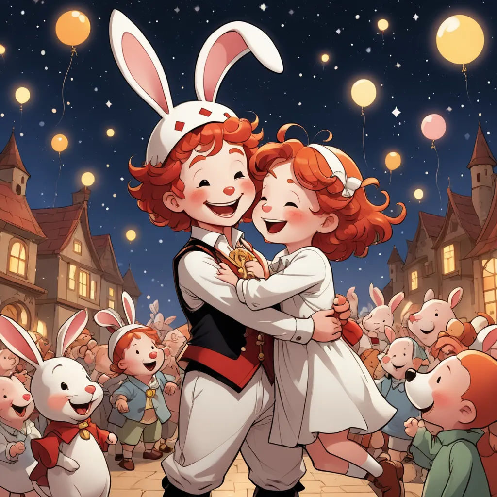 a couple of kids hugging each other in front of a crowd of rabbits and a castle at night with balloons, magical realism, a storybook illustration, Cliff Childs, hints of yayoi kasuma