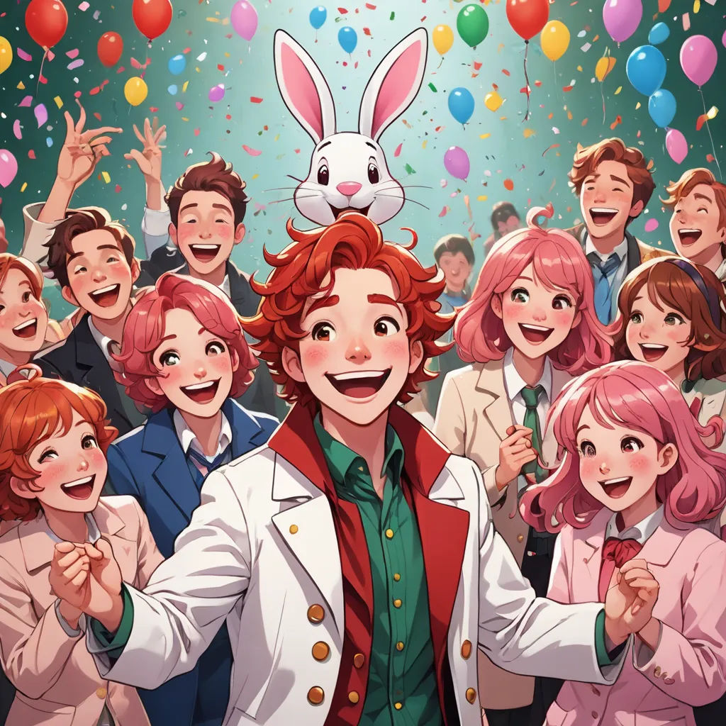a group of people standing next to each other with balloons and a bunny on their head and a rabbit on their head, socialist realism, a comic book panel, Cedric Seaut (Keos Masons), official art