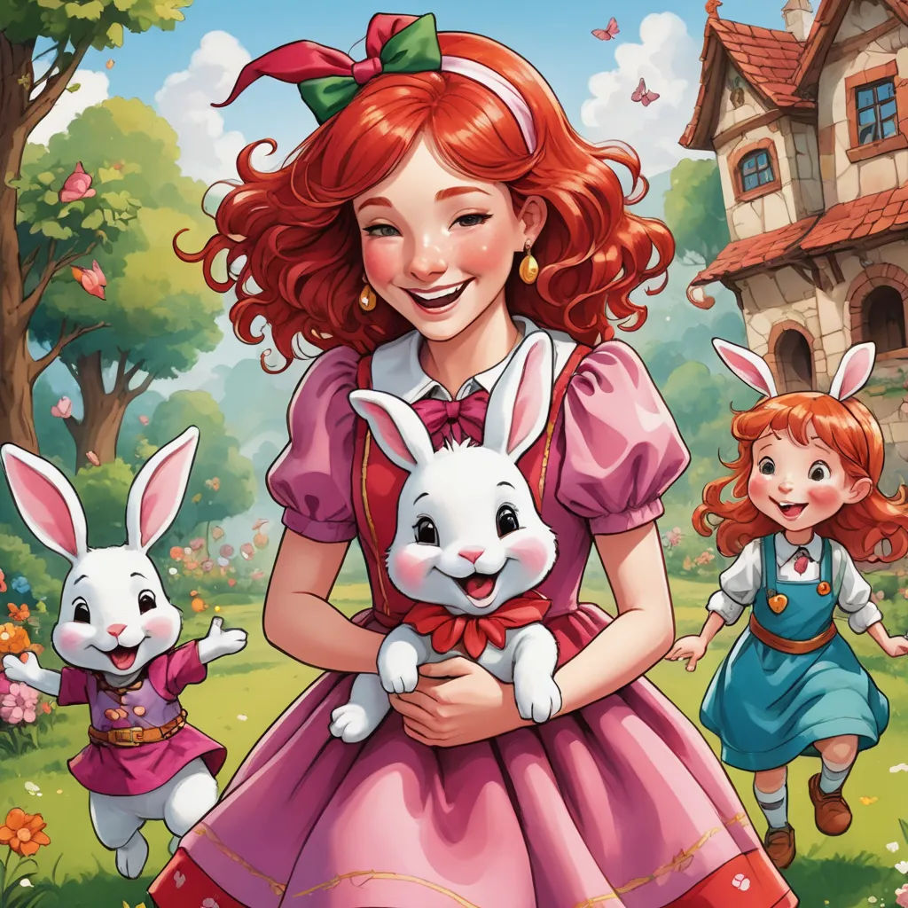 a girl in a pink dress holding a white rabbit and two other rabbits in a field with a house in the background, magical realism, a storybook illustration, Alice Prin, storybook illustration