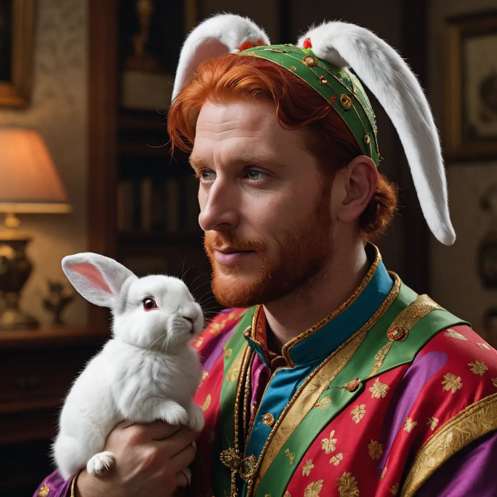 a man in a costume holding a rabbit in his hands and looking at the camera with a serious look on his face, magical realism, a character portrait, Andrei Ryabushkin, promotional image
