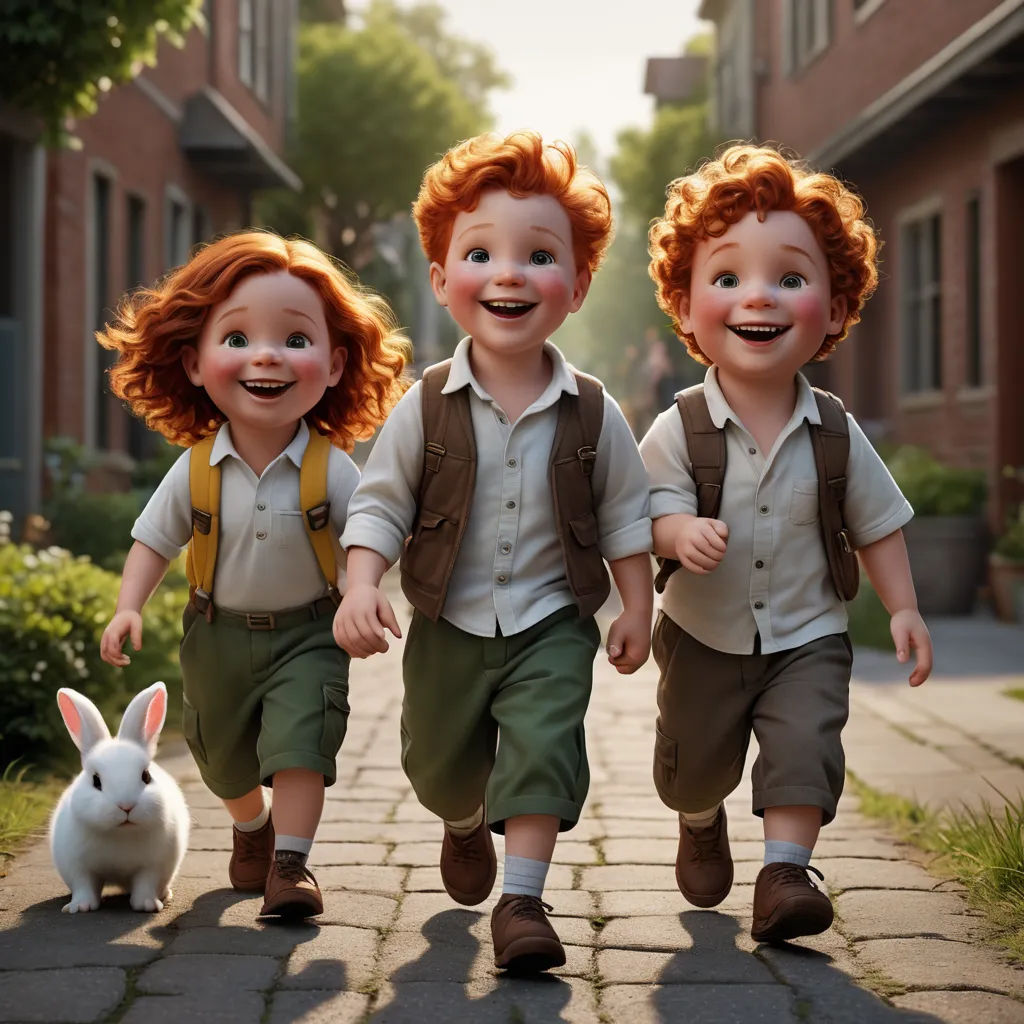 three children are walking down a brick sidewalk with a rabbit nearby in the foreground of the image, and a brick building in the background, photorealism, concept art, Brothers Hildebrandt, cgstudio