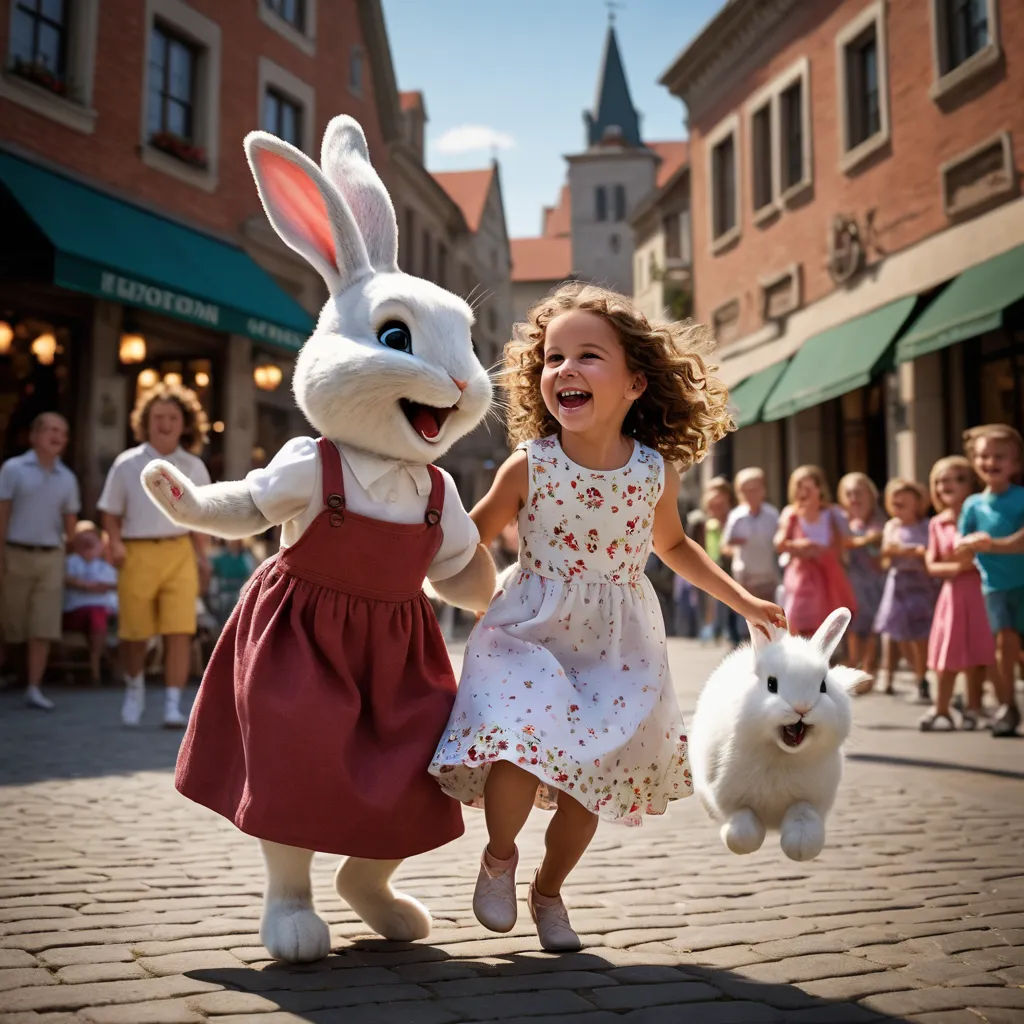a girl and a bunny are running down the street with a crowd of people behind them in the background, kitsch movement, a storybook illustration, disney, promotional image