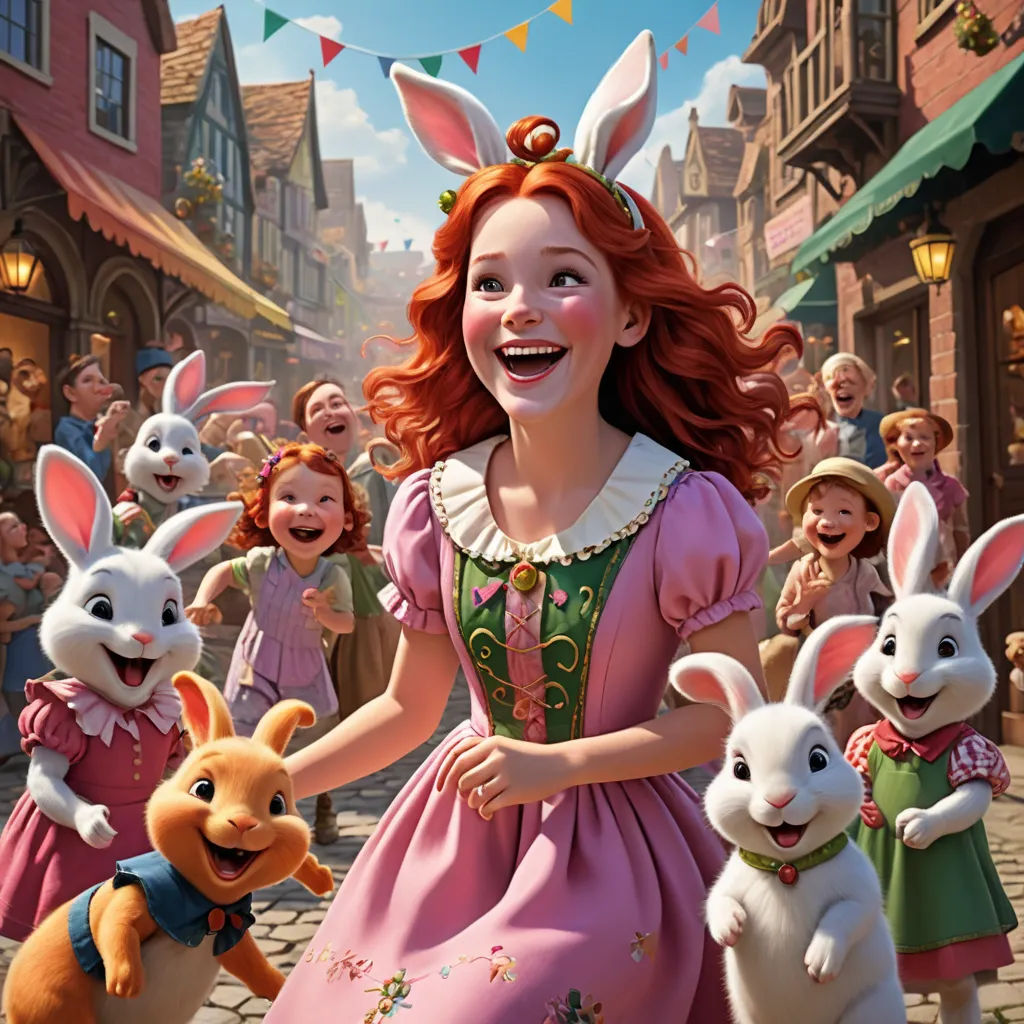 a girl in a pink dress surrounded by rabbits and other people in a town square with bunnies and bunnies, furry art, a storybook illustration, disney, official art