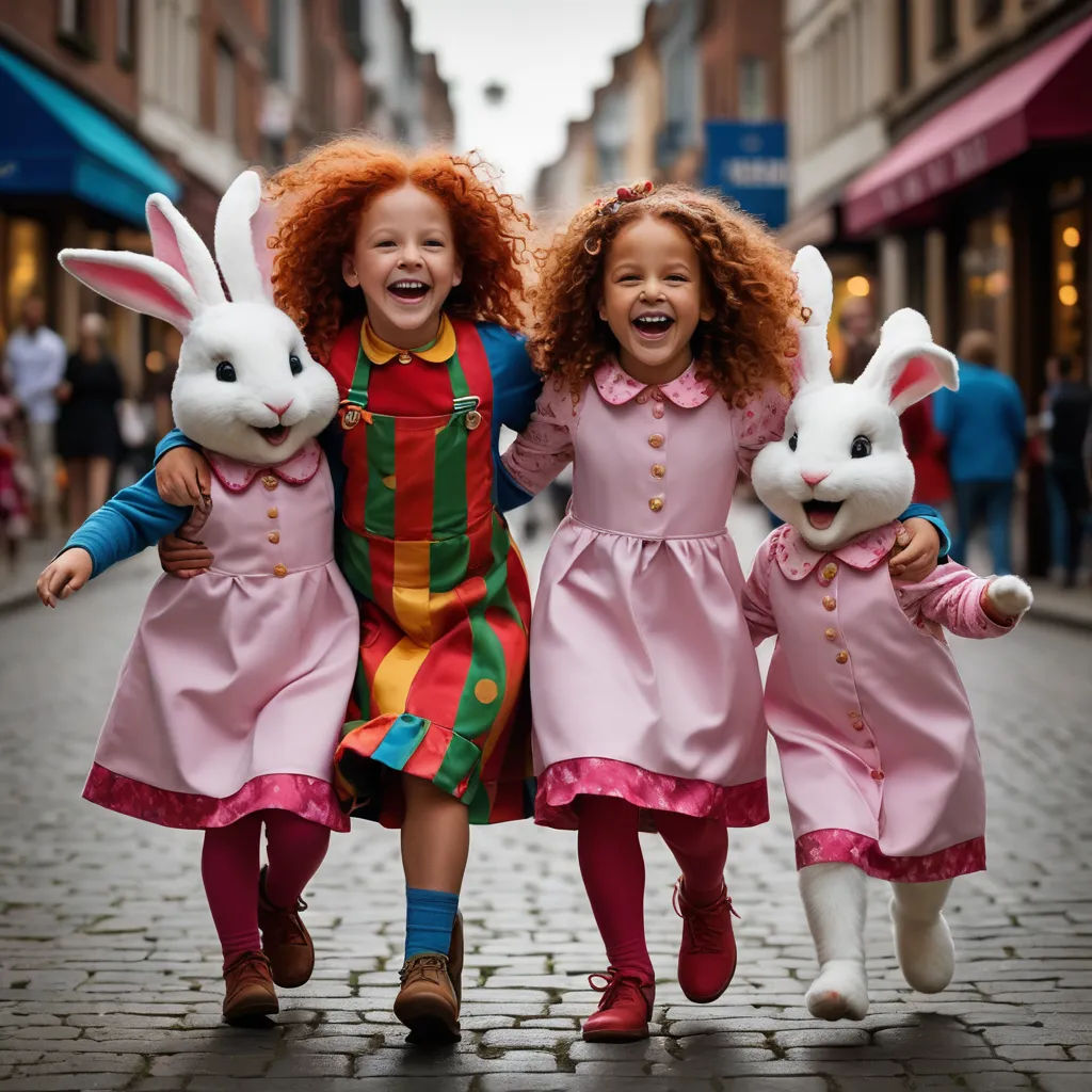 two girls in pink dresses and bunny ears are walking down a street with two other girls in pink dresses, naive art, a flemish Baroque, Caroline Lucy Scott, promotional image