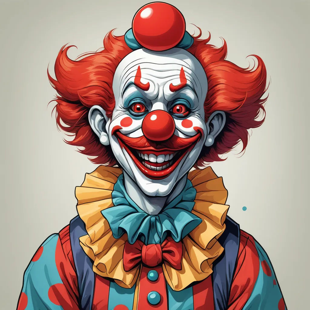 a cartoon clown with red hair and a clown mask on his face, with a red nose and a blue shirt, shock art, a character portrait, Eddie Mendoza, highly detailed digital painting