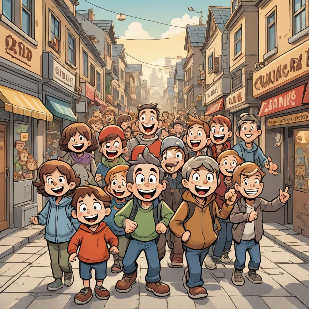 a group of people standing in front of a store front with a crowd of people standing around them on a city street, lyco art, a storybook illustration, Cliff Childs, official art