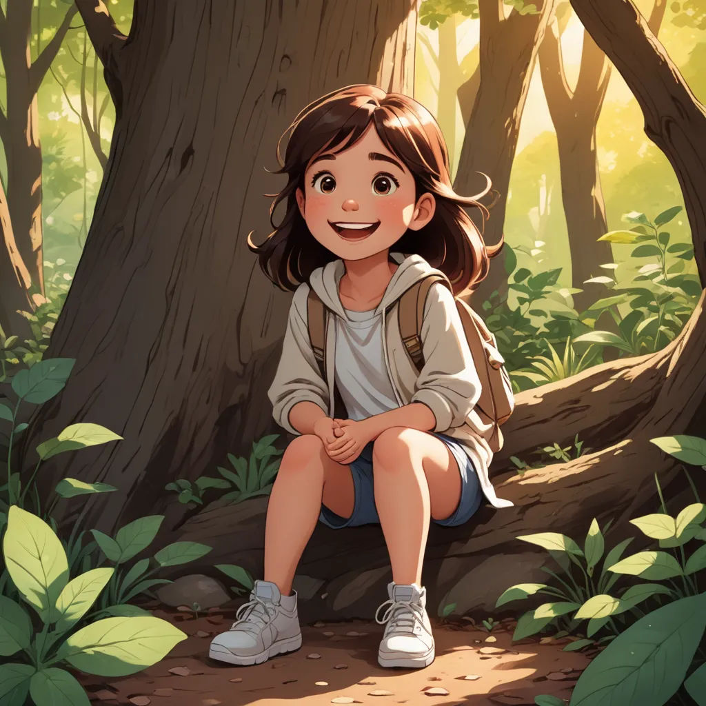 a girl sitting on a tree in the forest with her legs crossed and smiling at the camera, with a forest background, fantasy art, a storybook illustration, Atey Ghailan, rossdraws global illumination