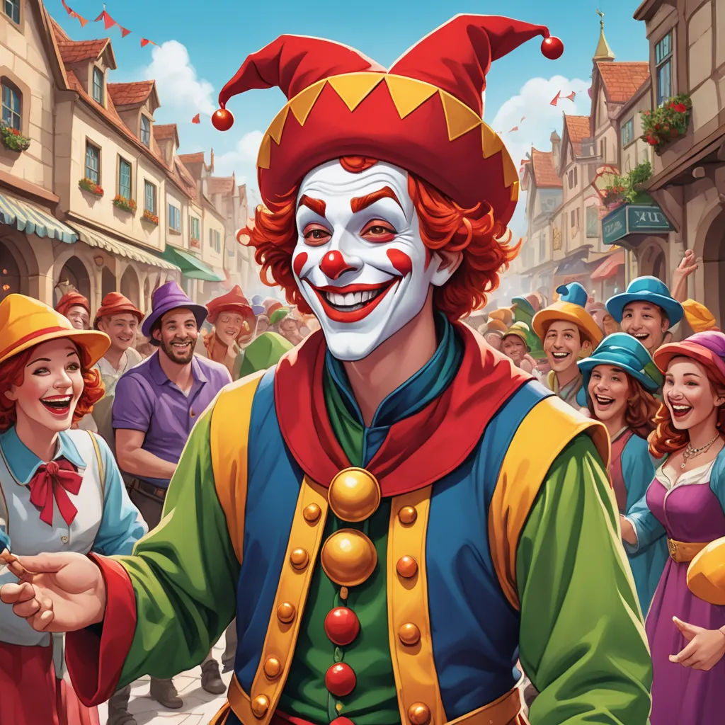 a clown is standing in front of a crowd of people in a town square with a clown's face painted on, altermodern, a character portrait, Chris LaBrooy, magic the gathering artwork