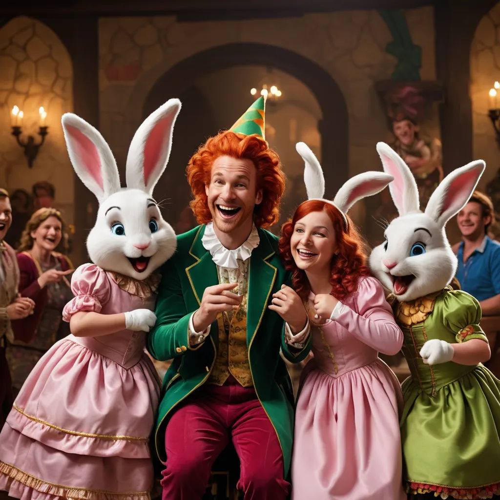 a man and two women in costume with rabbits on their heads and a man in a green jacket and pink dress, rococo, a flemish Baroque, disney, promotional image