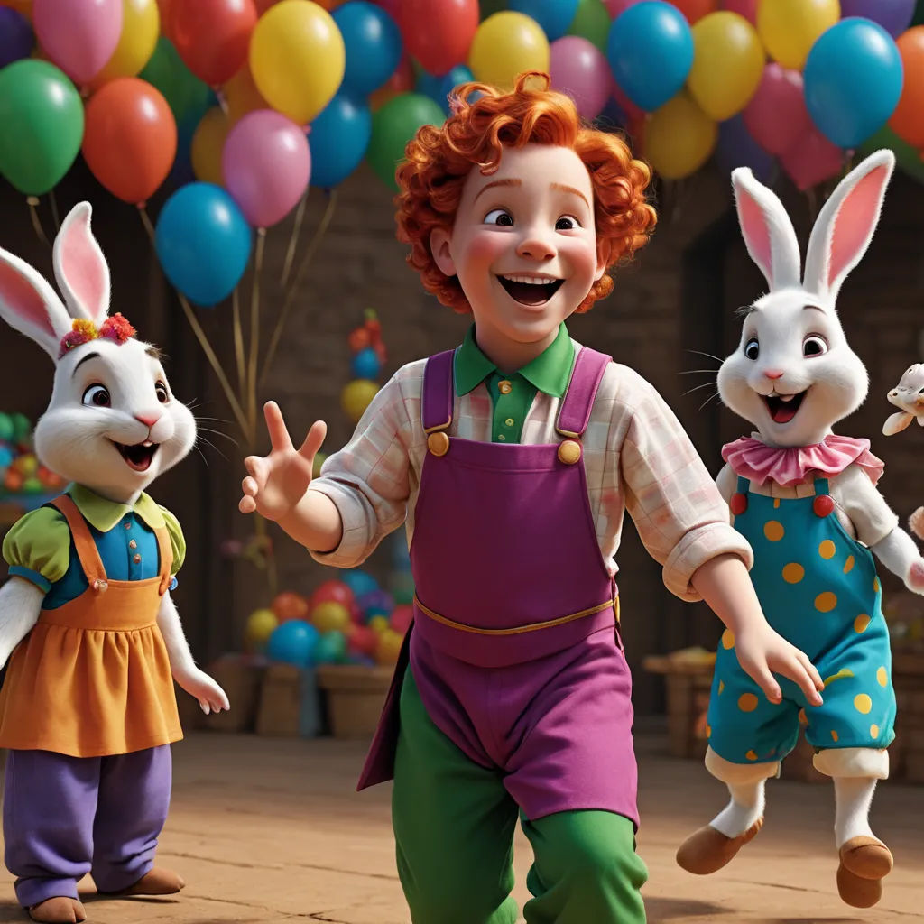 a cartoon character with three rabbits in front of balloons and a building with a clock on it's side, furry art, a 3D render, Edward Otho Cresap Ord, II, promotional image