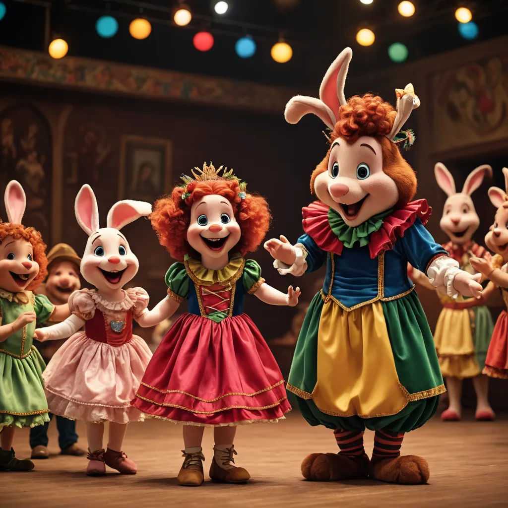a group of children in costume standing next to each other in front of a stage with rabbits on it, rococo, a flemish Baroque, Beatrix Potter, promotional image