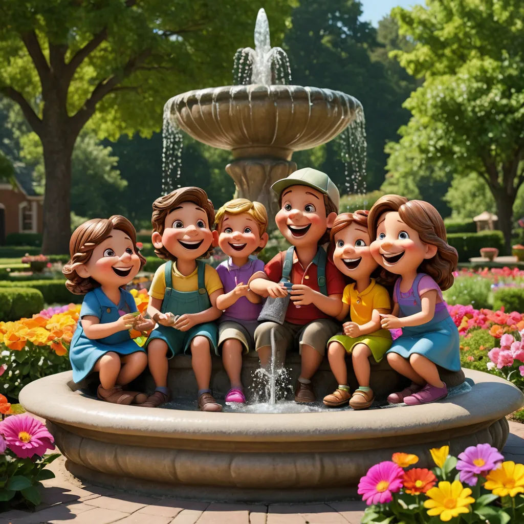 a group of children sitting on a fountain in a park with flowers around them and a building in the background, photorealism, a storybook illustration, disney, promotional image