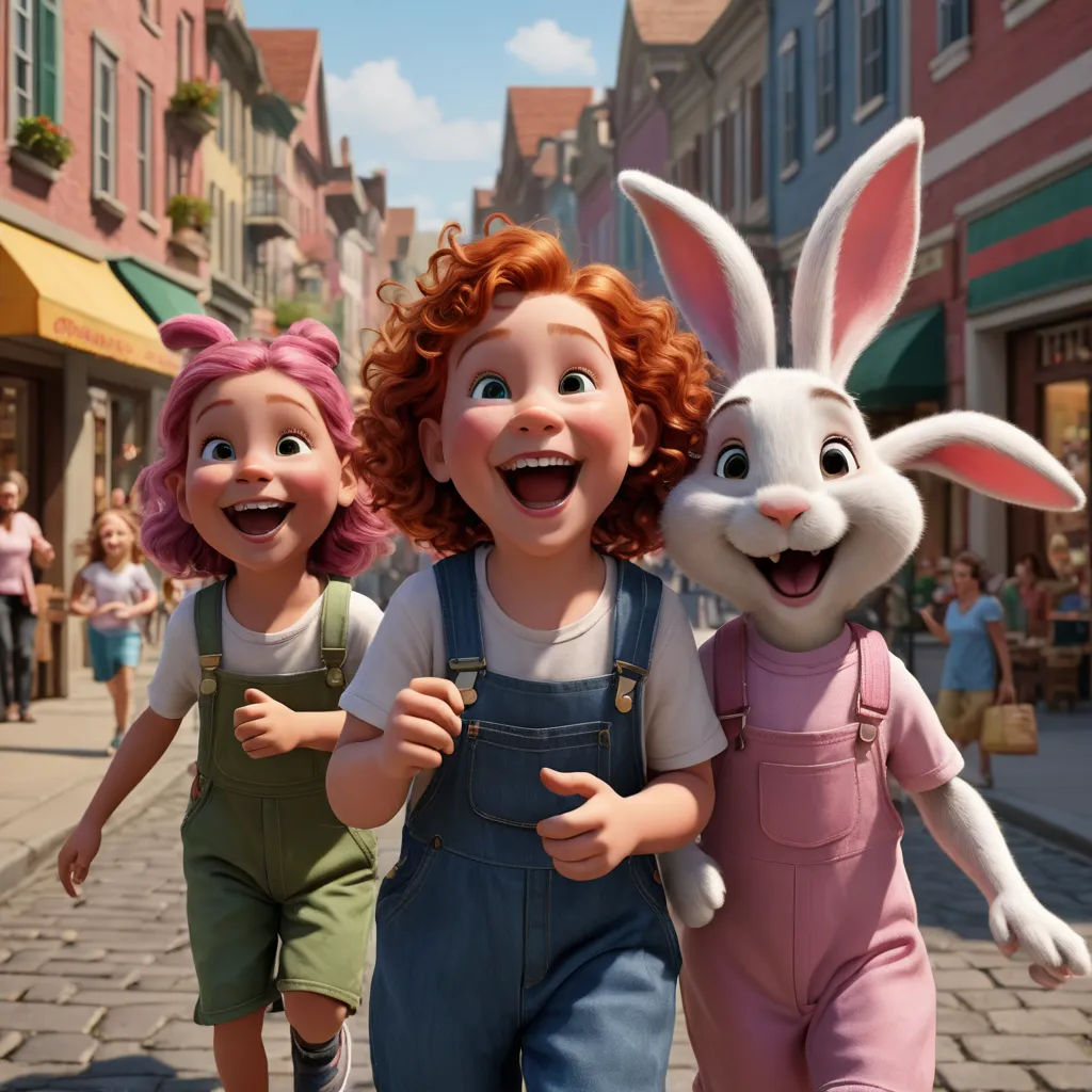 a group of children walking down a street with a bunny and a bunny rabbit in the middle of the street, furry art, a comic book panel, disney, promotional image