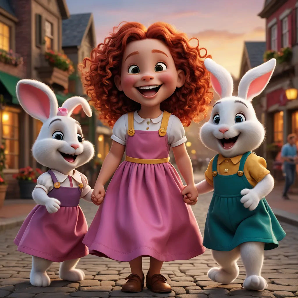 a cartoon character with two rabbits and a girl in a pink dress and a yellow dress and a red hair, furry art, a poster, disney, promotional image