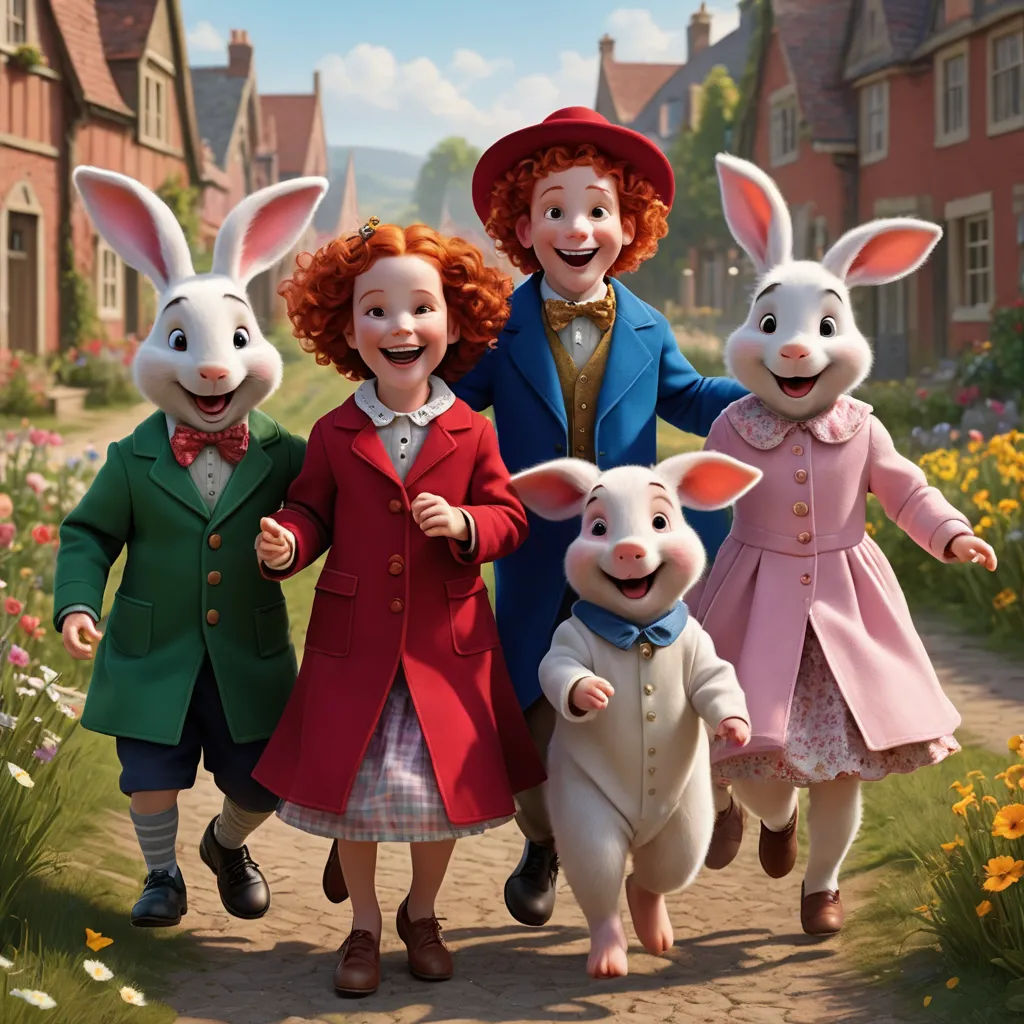 a group of children in bunny costumes walking down a path with two rabbits in front of them and a man in a suit, furry art, a digital rendering, Beatrix Potter, promotional image