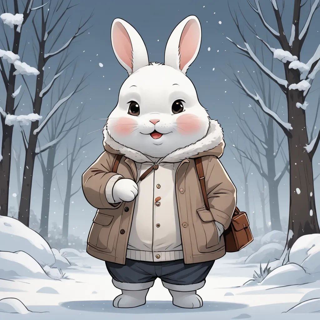 a cartoon bunny in a winter coat standing in the snow with a backpack on his back and a backpack on his shoulder, furry art, a character portrait, Chen Hong, winter