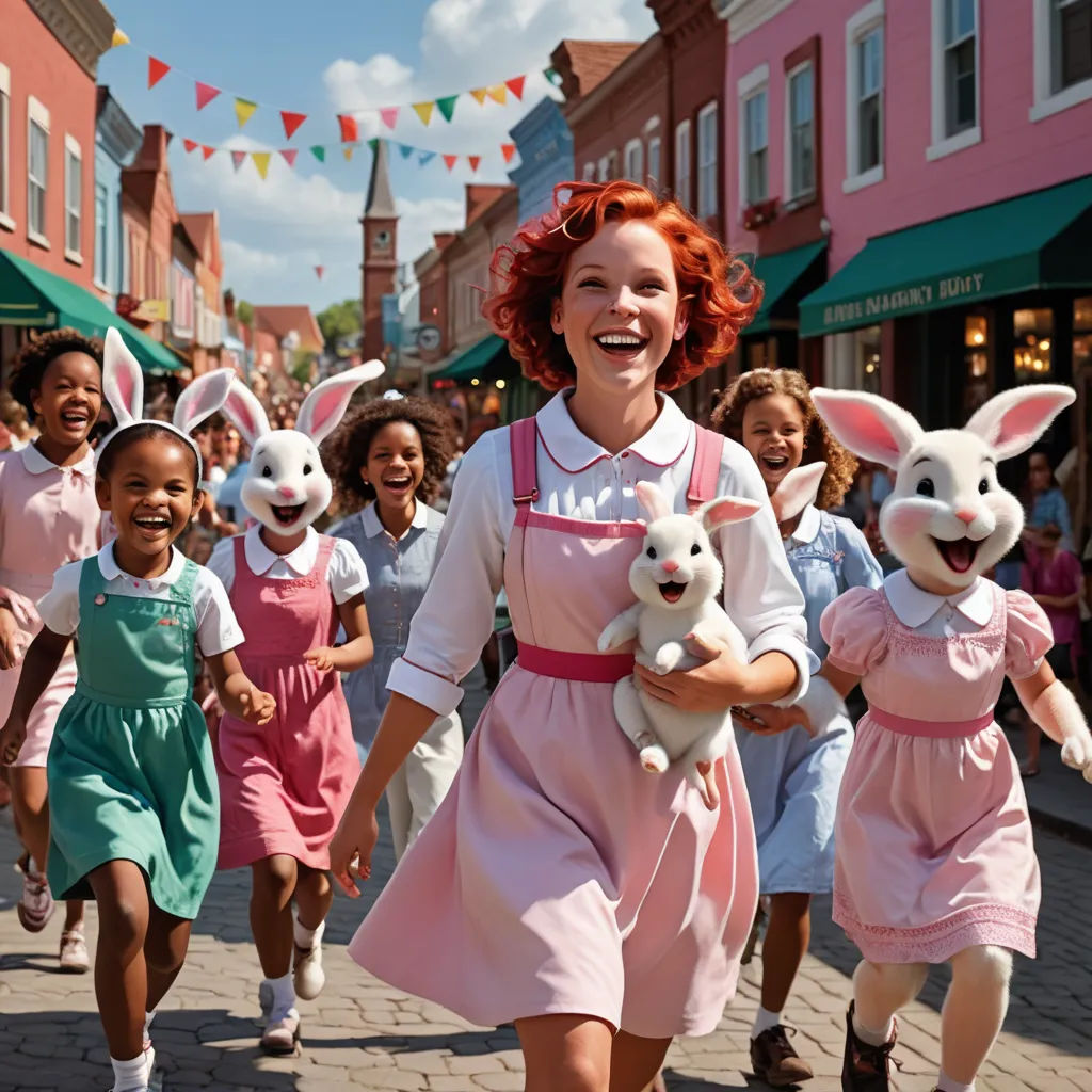 a group of children in bunny costumes walking down a street with bunnies on their heads and bunnies on their ears, kitsch movement, a colorized photo, disney, promotional image