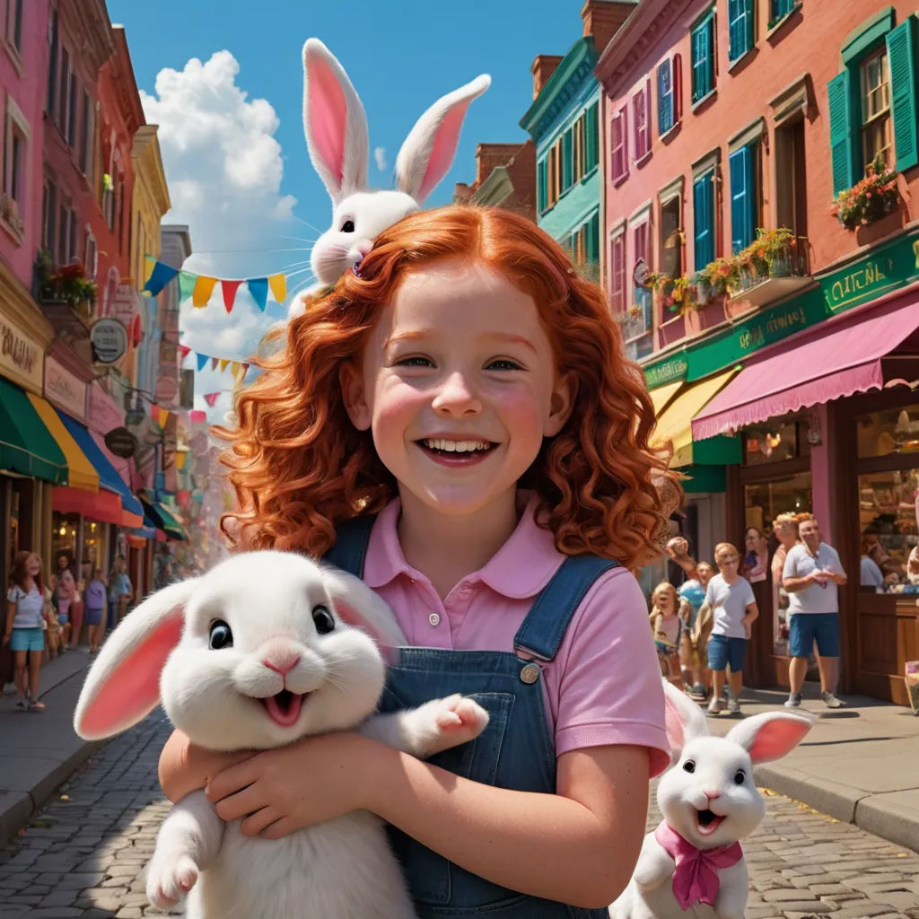 a girl holding a stuffed rabbit in a street with people in the background and a crowd of people walking down the street, furry art, a poster, disney, promotional image