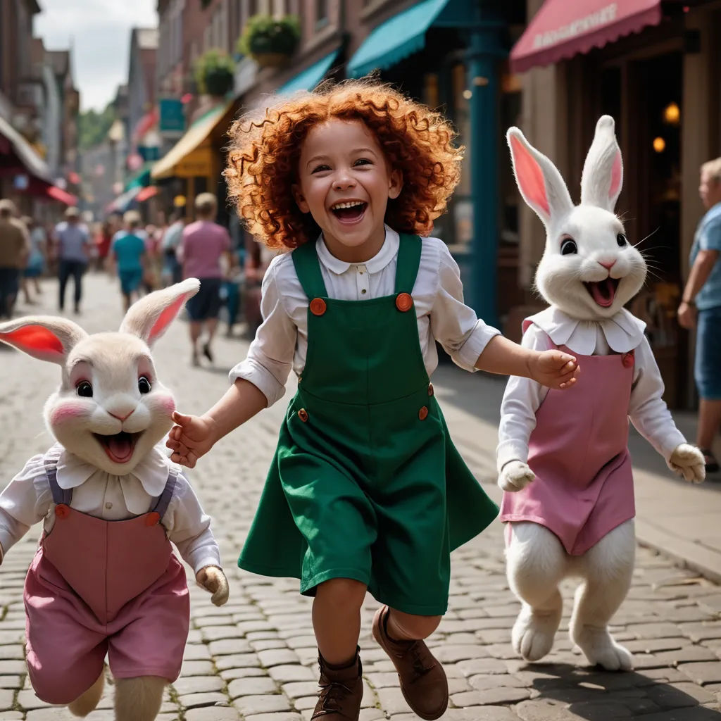 a little girl is running with two rabbits on a brick street in a town square with people walking by, furry art, a stock photo, Anne Said, promotional image