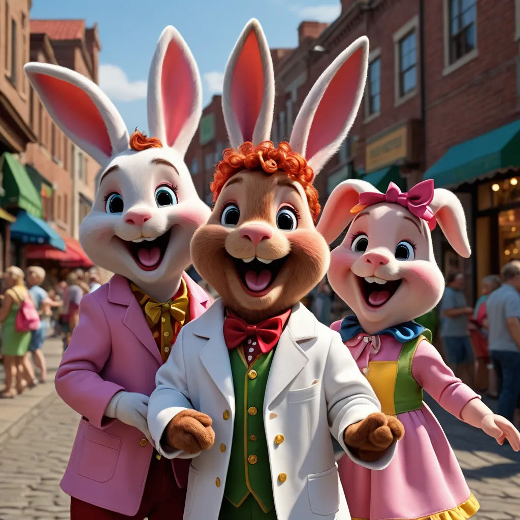 a group of people in bunny costumes on a street with people in the background and a building in the background, furry art, a stock photo, disney, promotional image