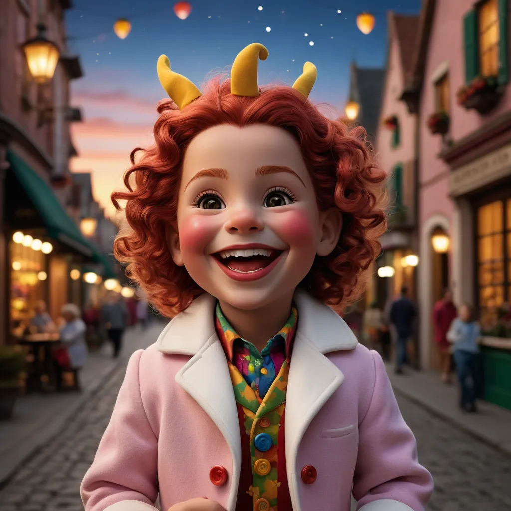 a doll with red hair and a pink coat on a street with a sky background and a street light, photorealism, a character portrait, Chris LaBrooy, unreal engine 5 quality render