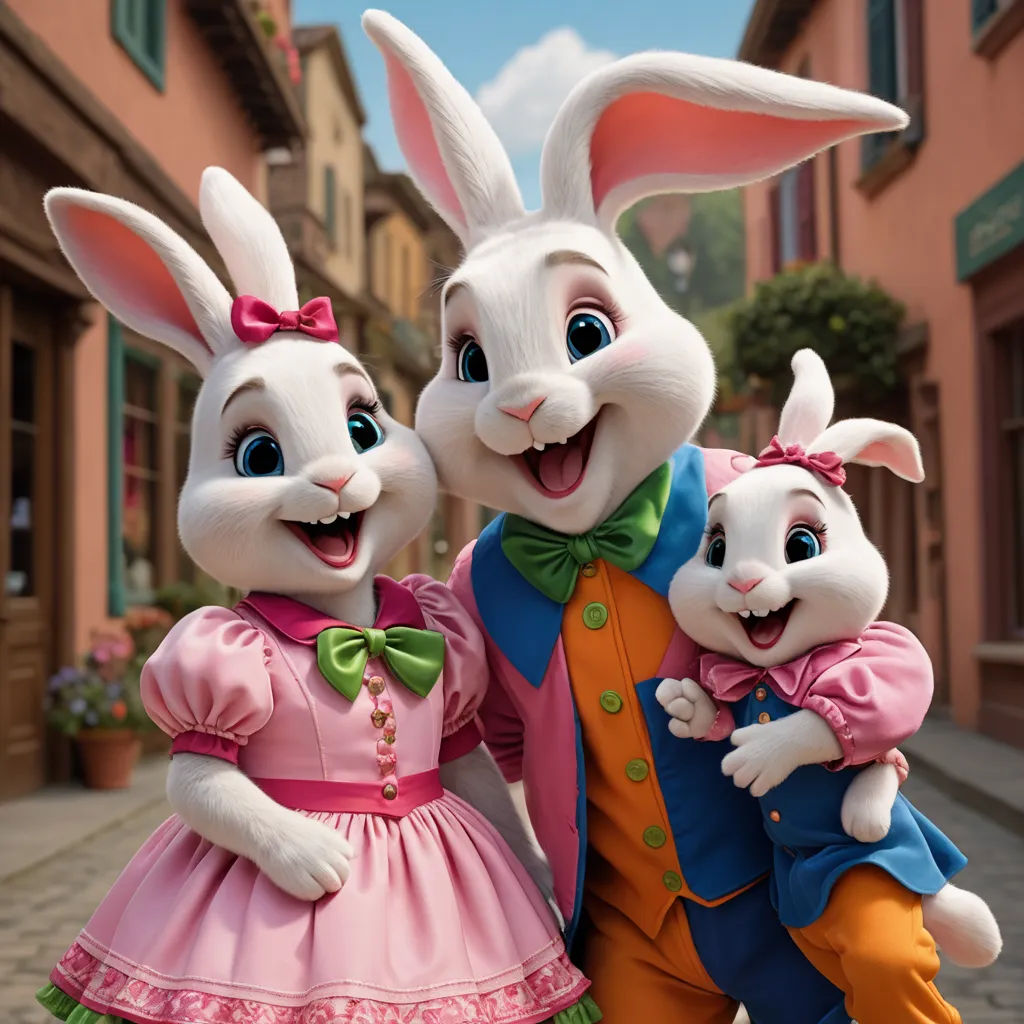 a couple of rabbits standing next to each other on a street corner with a building in the background and a pink dress, furry art, a digital rendering, disney, promotional image