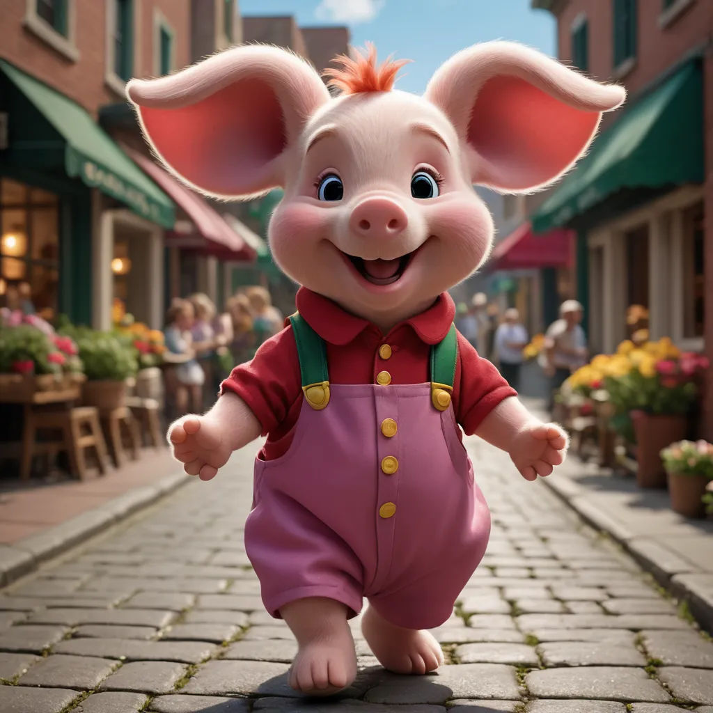 a pig in a pink outfit is walking down a brick road with a crowd of people in the background, photorealism, a 3D render, disney, unreal engine highly rendered