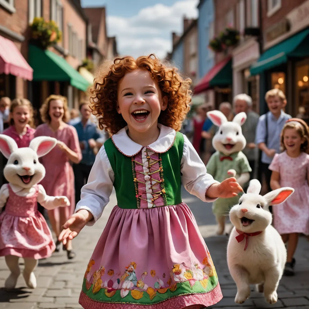 a little girl in a pink dress and bunny ears dancing with other children in pink dresses and bunny ears, magical realism, a stock photo, Anne Said, promotional image