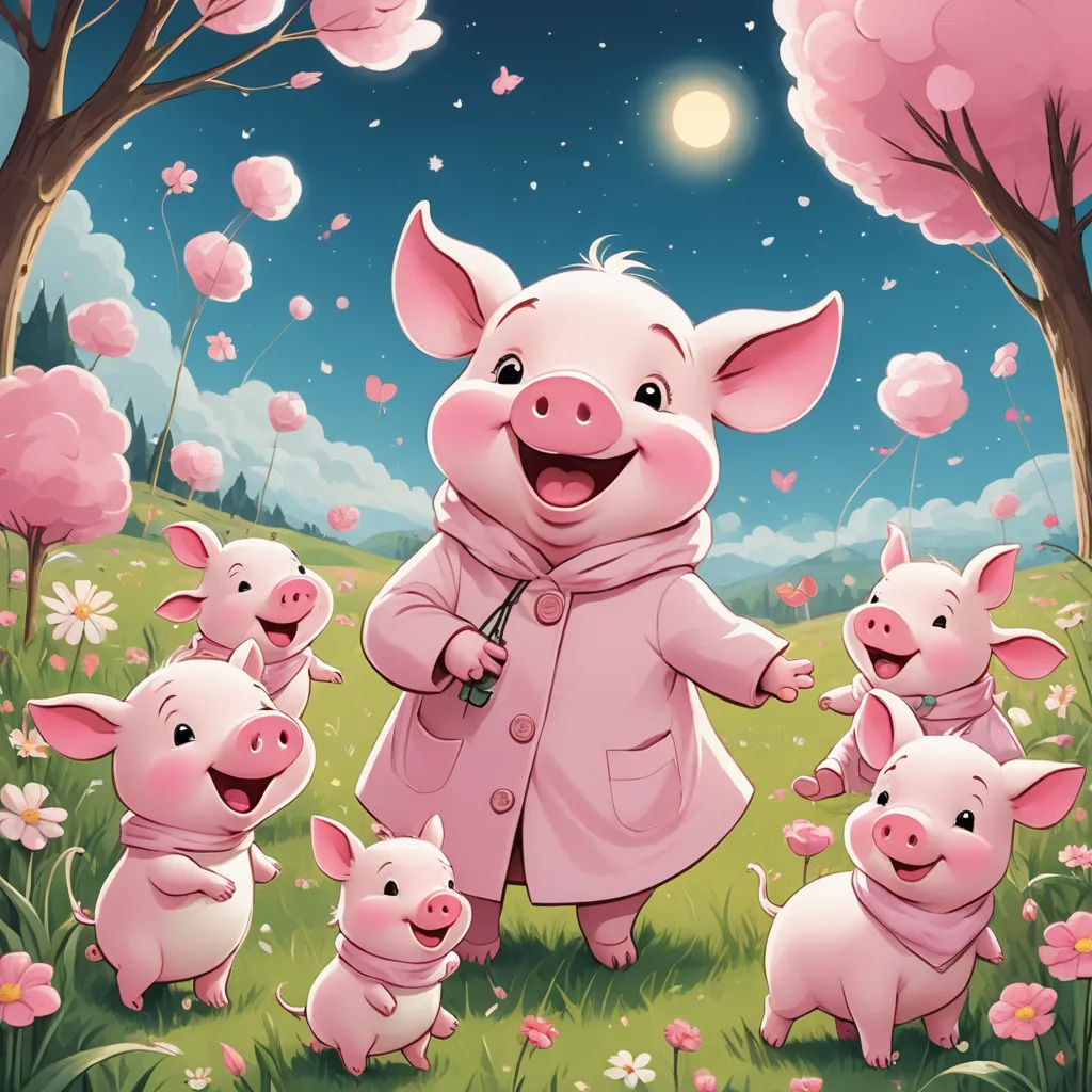 a pig in a field with five pigs in it's hands and a full moon in the background, sots art, a storybook illustration, Diego Gisbert Llorens, official art