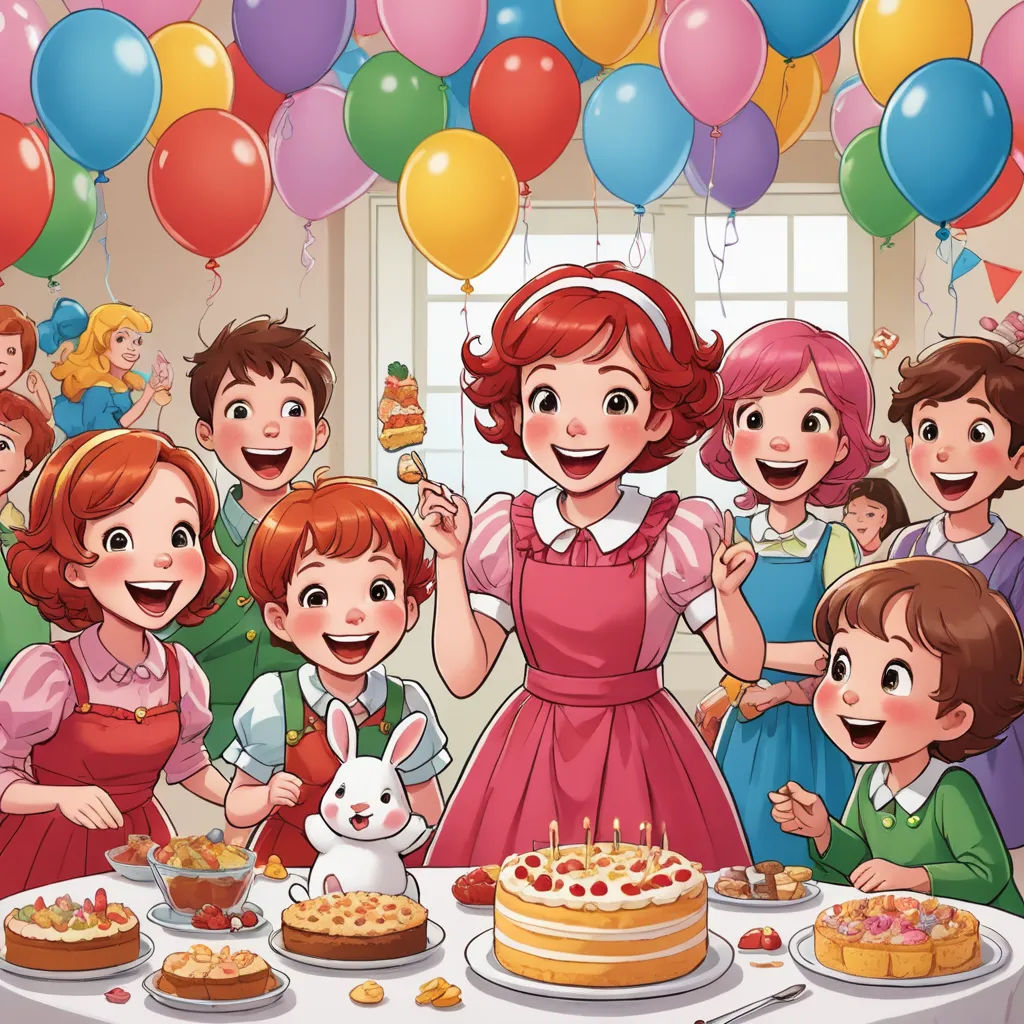 a group of children standing around a table with a cake and balloons in the background and a woman in a red dress, lyco art, a storybook illustration, Alice Prin, storybook illustration