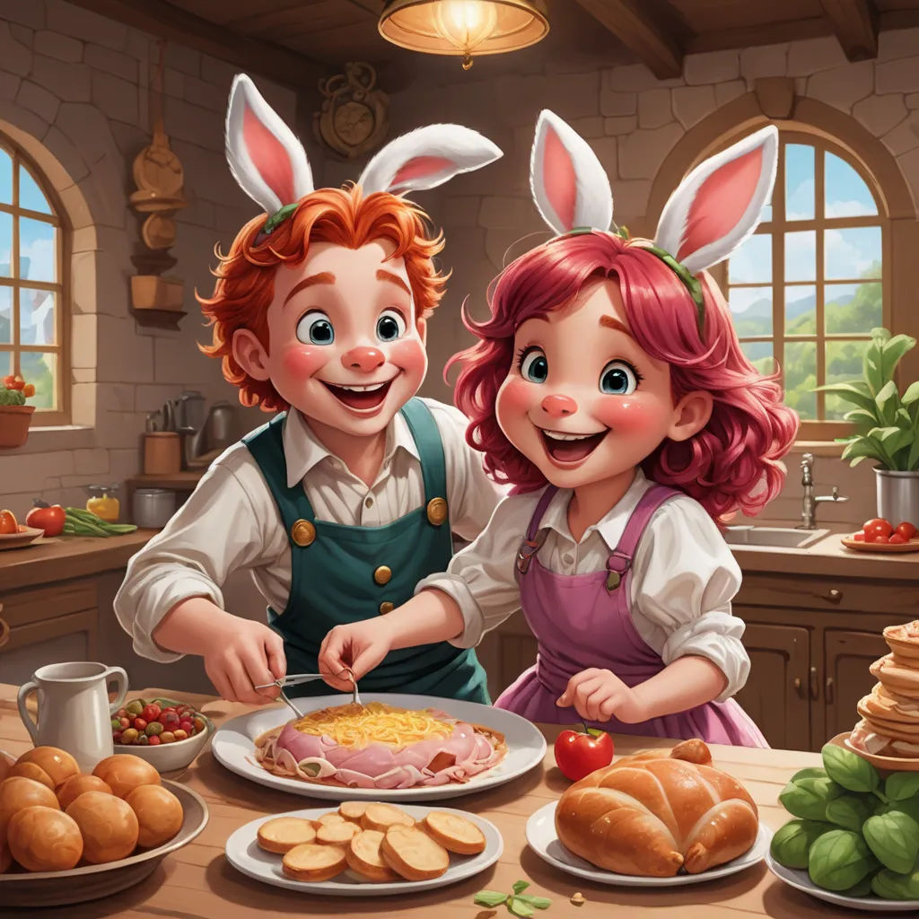 a couple of people that are standing in front of a table with food on it and some buns, sots art, a storybook illustration, Brothers Hildebrandt, trending on art station