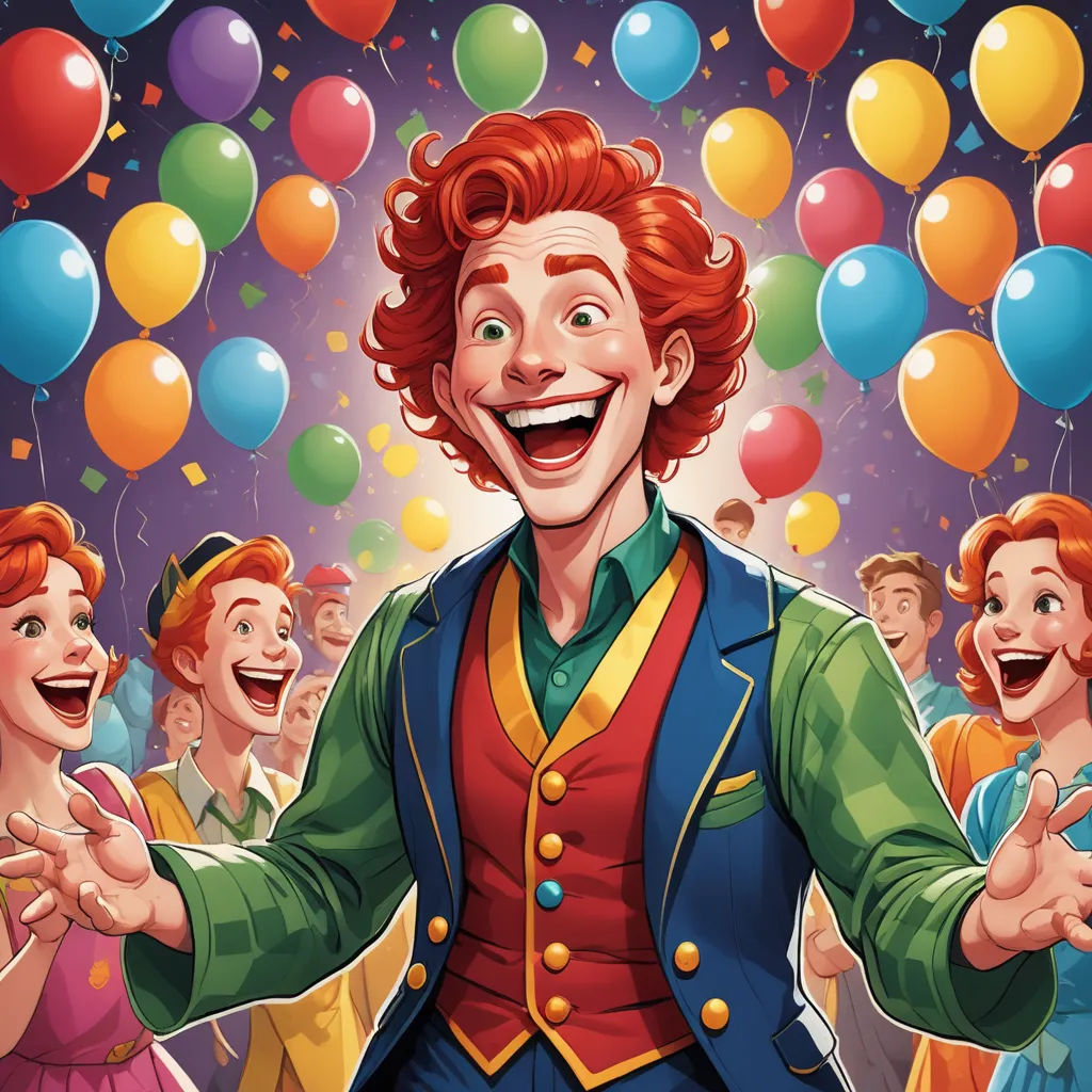 a man with red hair and a green jacket is surrounded by balloons and other people in colorful outfits and hats, excessivism, a storybook illustration, Chris LaBrooy, comic cover art