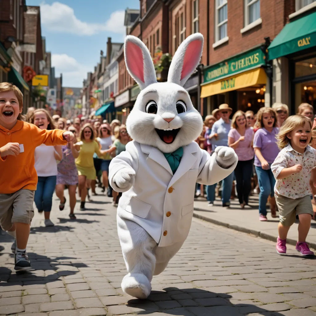 a group of children running down a street with a bunny mascot in front of them and a man in a suit, furry art, a stock photo, Brian Fies, terrifying