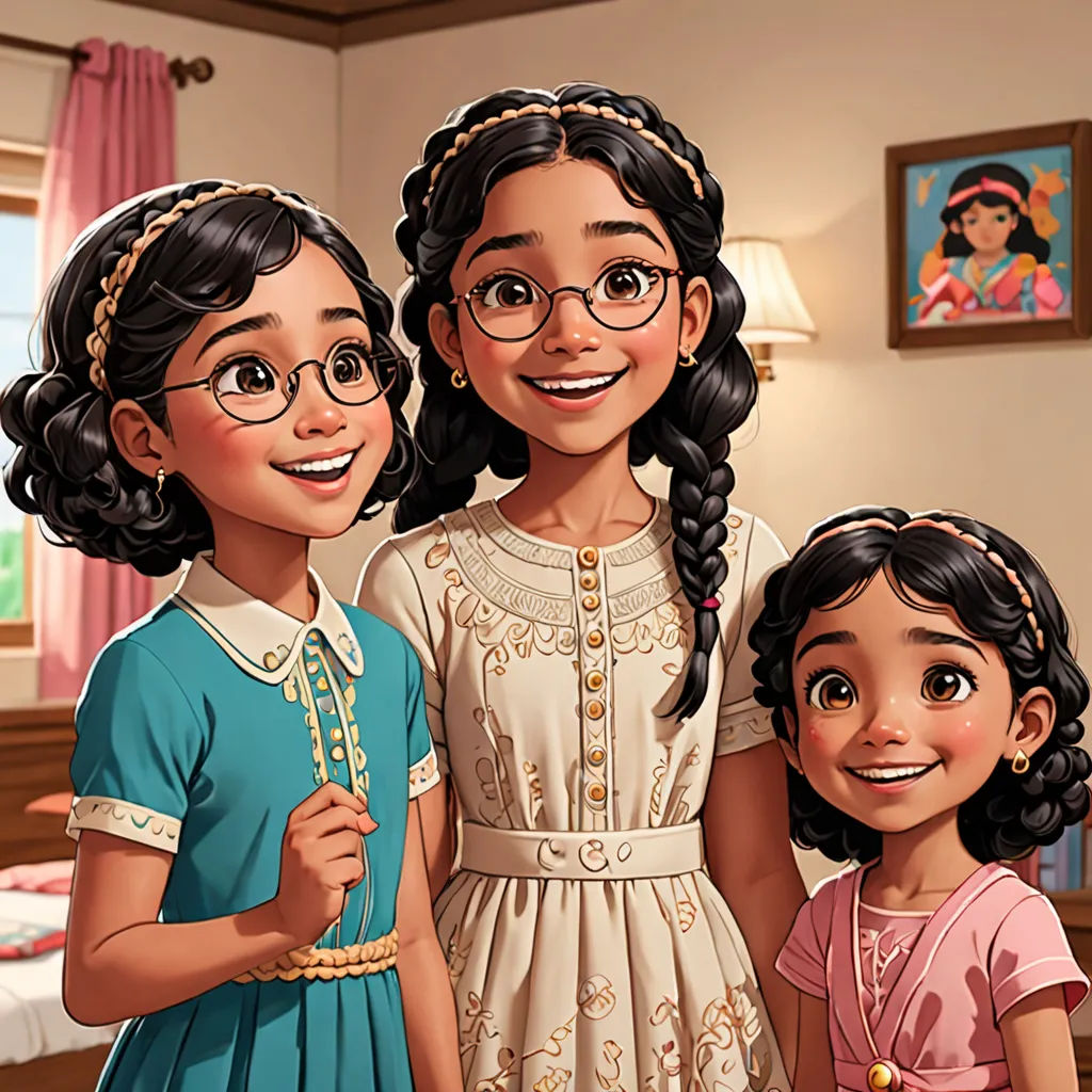 a cartoon of three girls standing next to each other in a bedroom with a bed and a window behind them, sots art, concept art, Ella Guru, official art