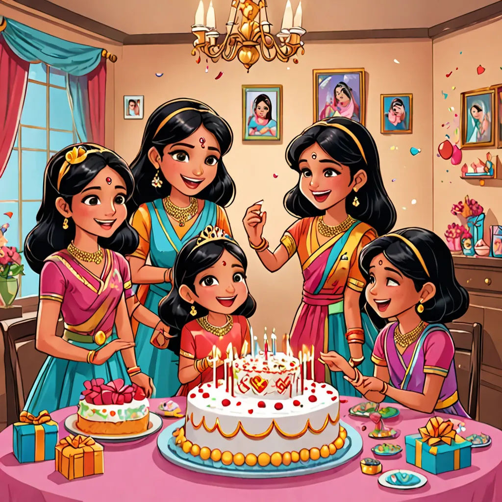 a family celebrating a birthday with a cake and candles on a table with gifts around it and a picture of a man and woman, samikshavad, a storybook illustration, Ella Guru, official art
