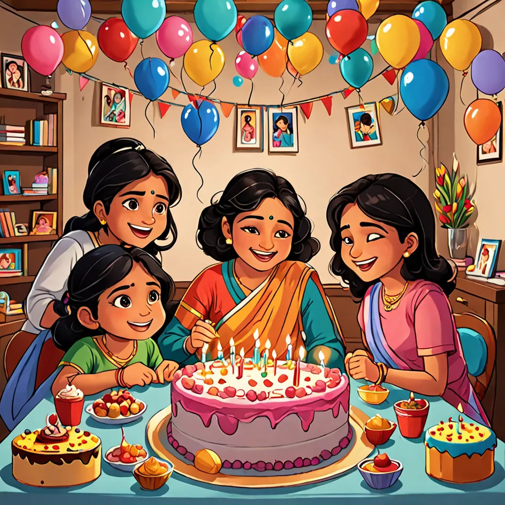 a family celebrating a birthday with a cake and balloons in the background with a picture of a family on the table, samikshavad, a storybook illustration, Ella Guru, promotional image