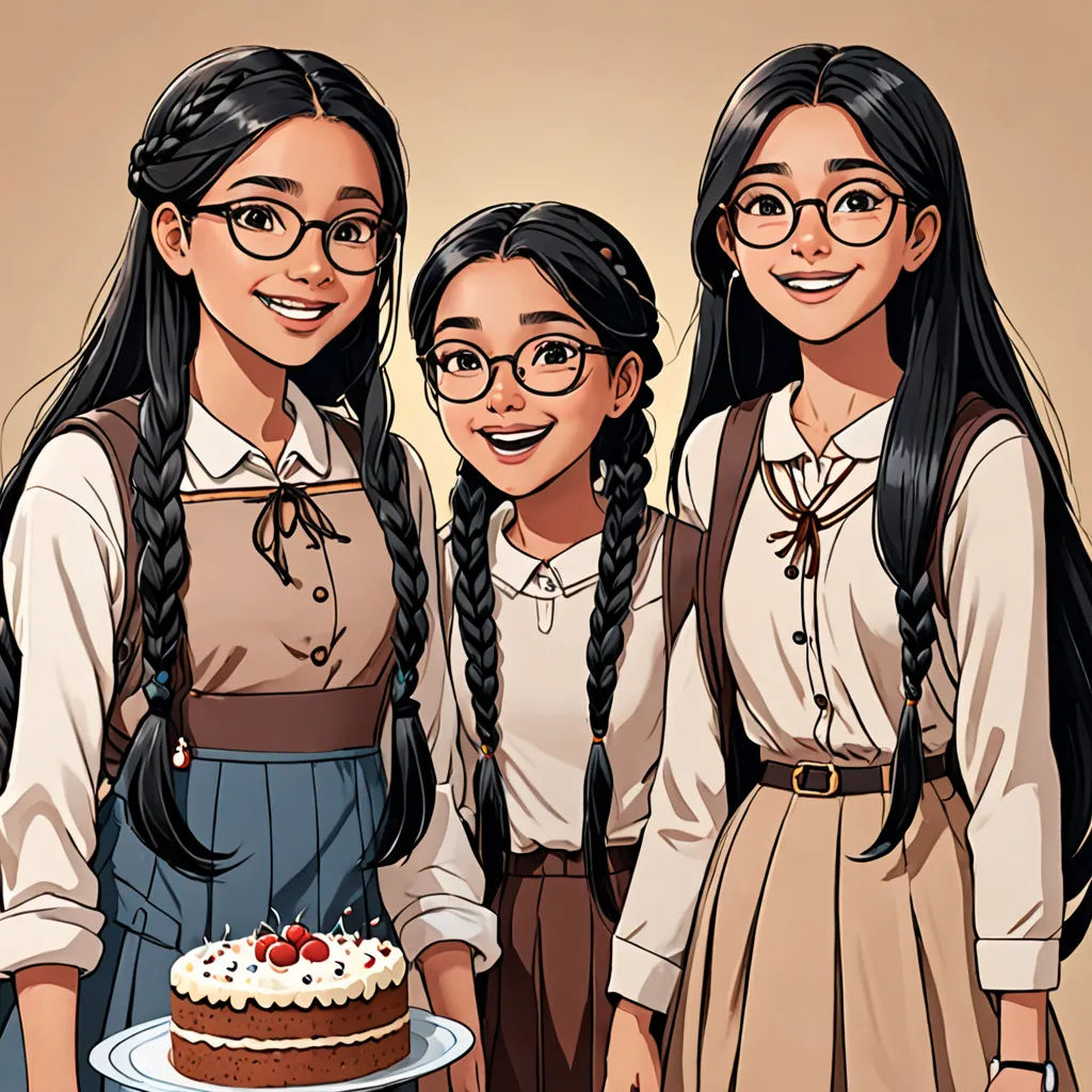 a group of three girls standing next to each other in front of a cake on a plate with a knife, academic art, a stock photo, Anne Said, official art
